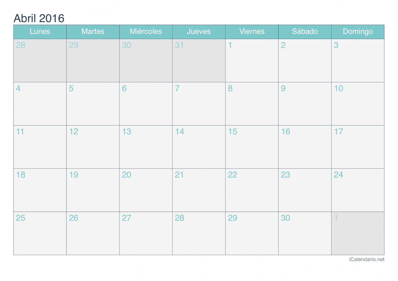 Calendario de abril 2016 - Turquesa