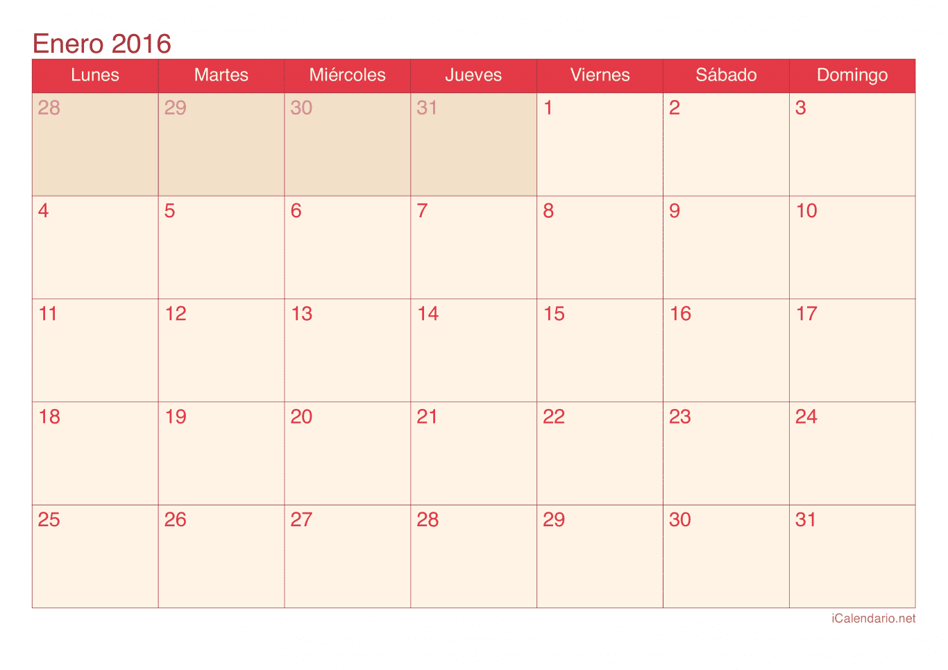 Calendario por mes 2016 - Cherry