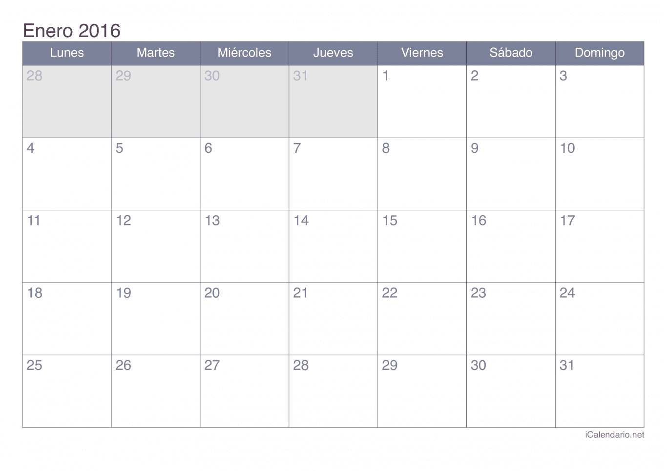 Calendario por mes 2016 - Office