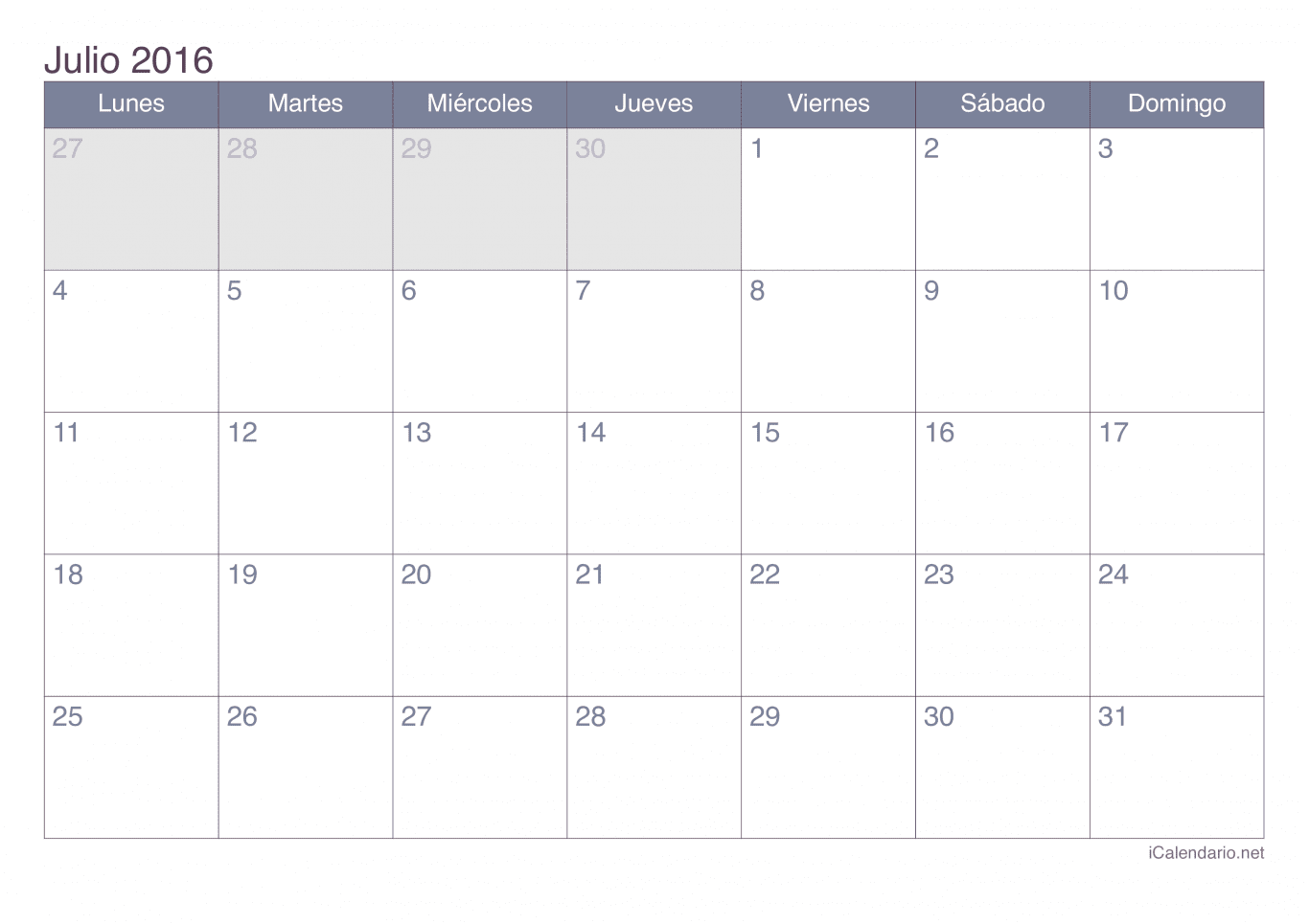 Calendario de julio 2016 - Office