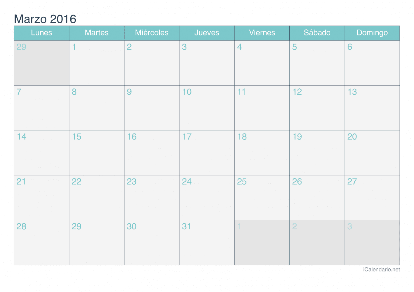 Calendario de marzo 2016 - Turquesa