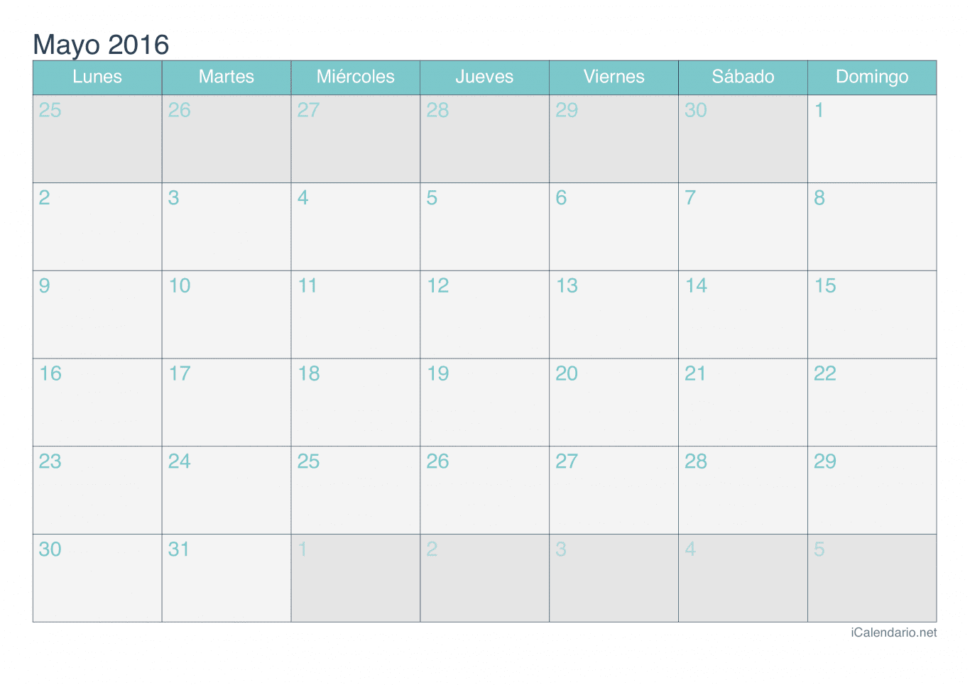 Calendario de mayo 2016 - Turquesa