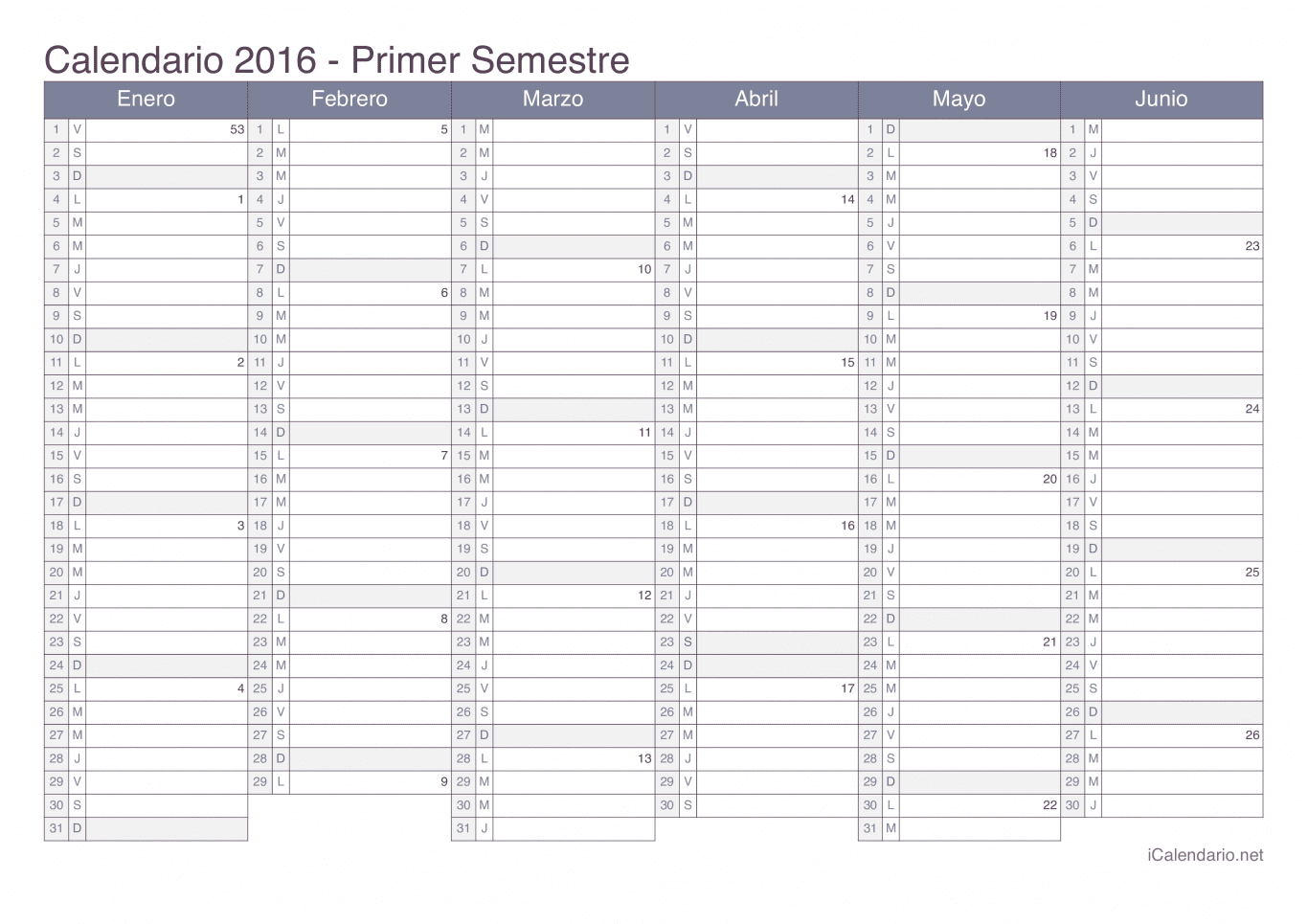 Calendario por semestre com números da semana 2016 - Office