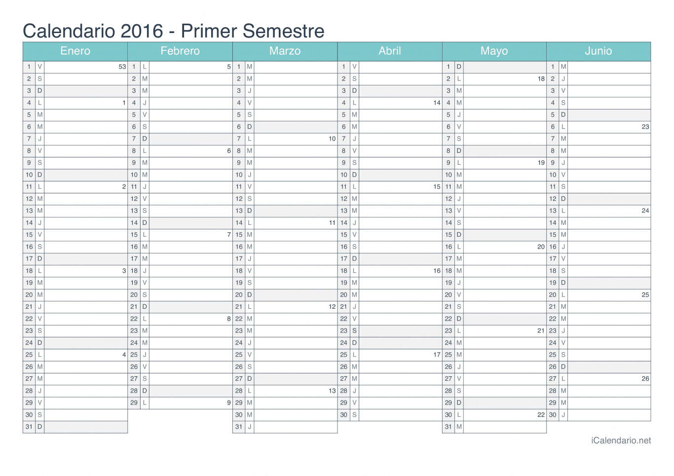 Calendario por semestre com números da semana 2016 - Turquesa
