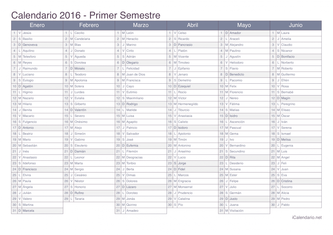 Calendario por semestre 2016 com festa do dia - Office