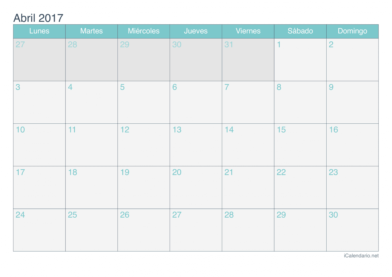Calendario de abril 2017 - Turquesa
