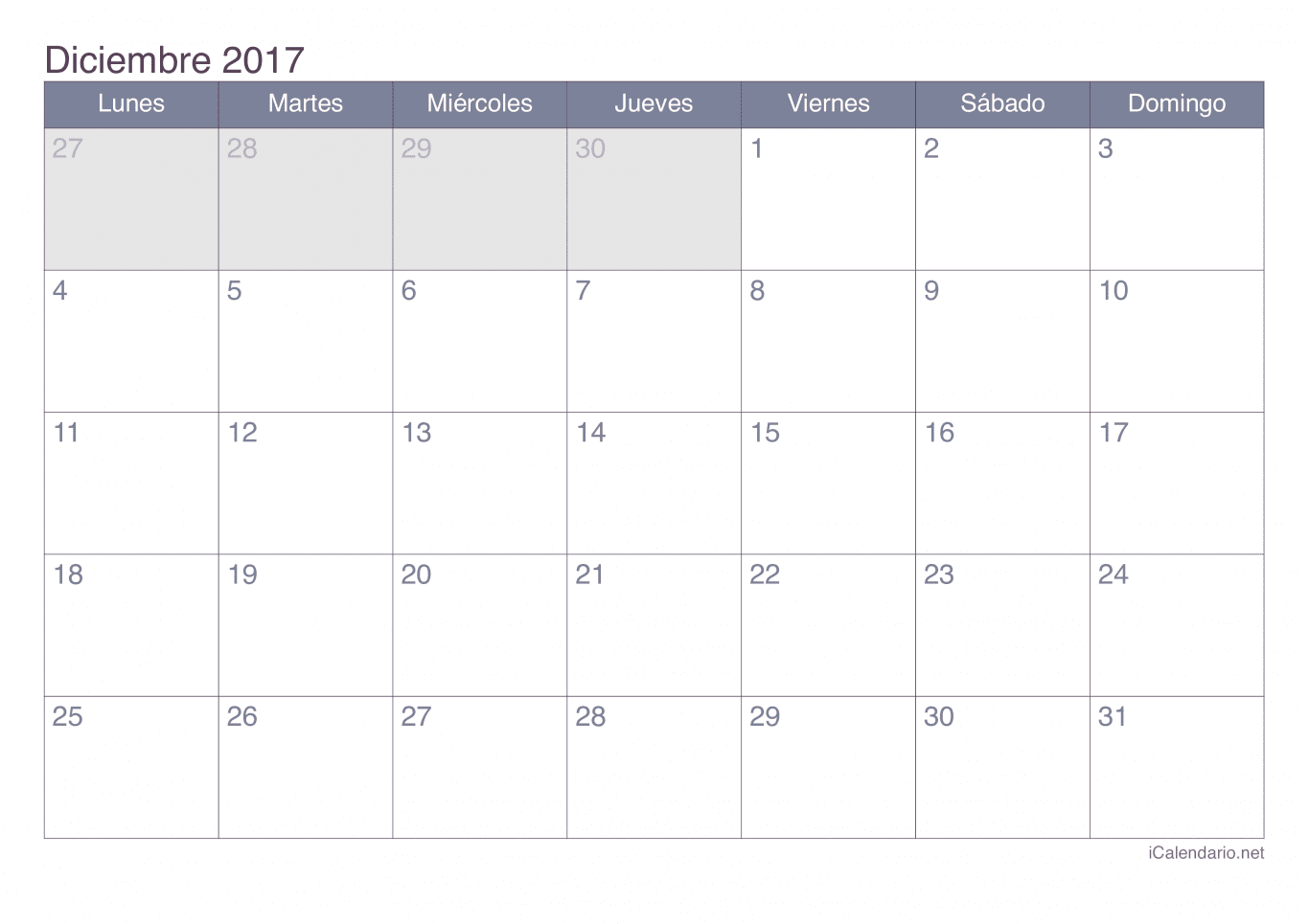 Calendario de diciembre 2017 - Office
