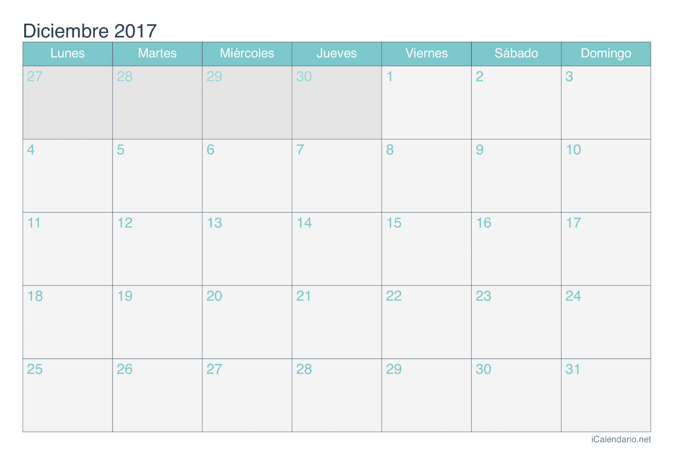 Calendario de diciembre 2017 - Turquesa