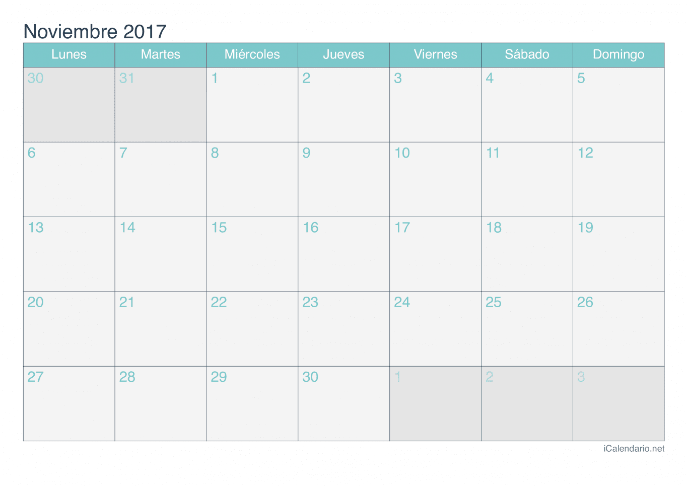 Calendario de noviembre 2017 - Turquesa