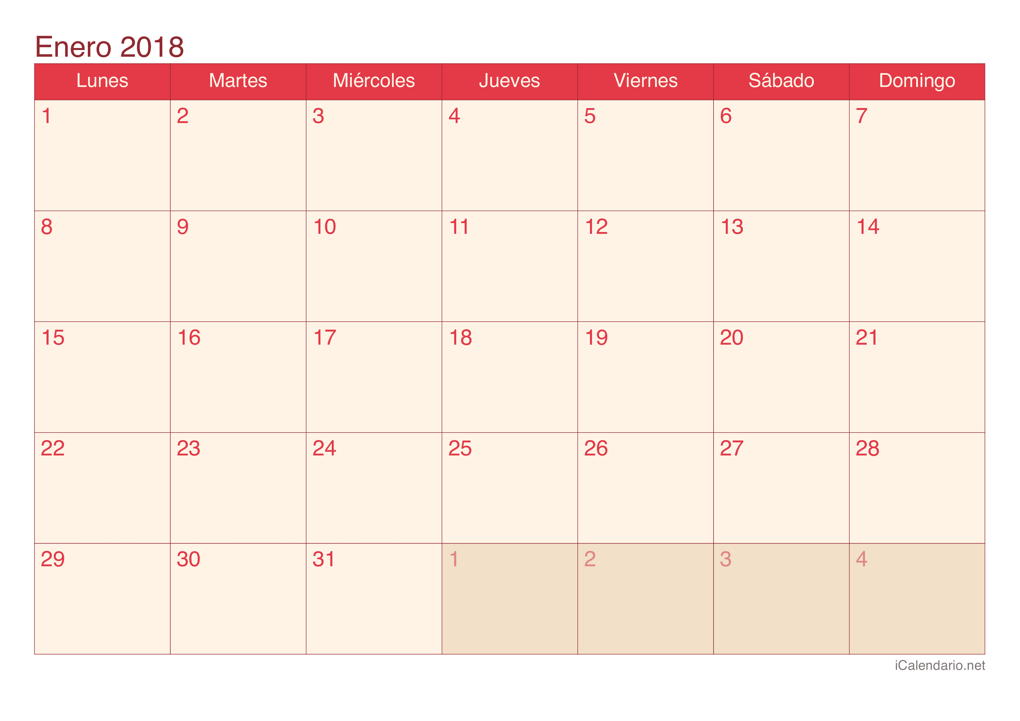 Calendario por mes 2018 - Cherry
