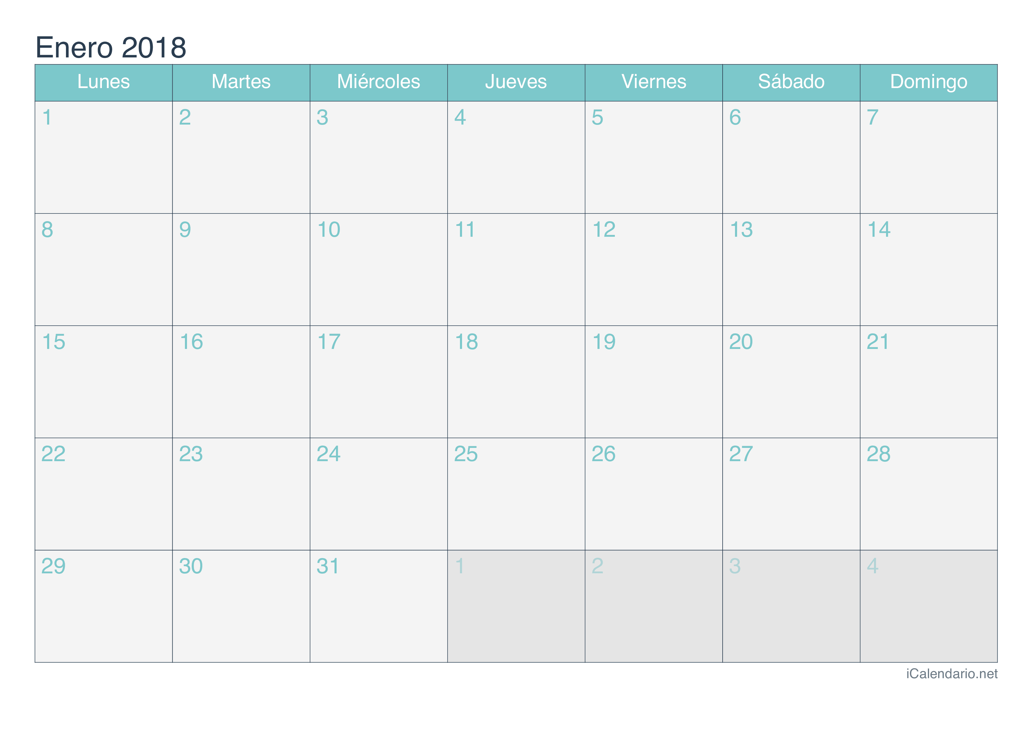 Calendario por mes 2018 - Turquesa