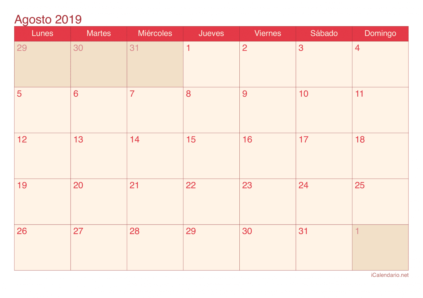 Calendario de agosto 2019 - Cherry