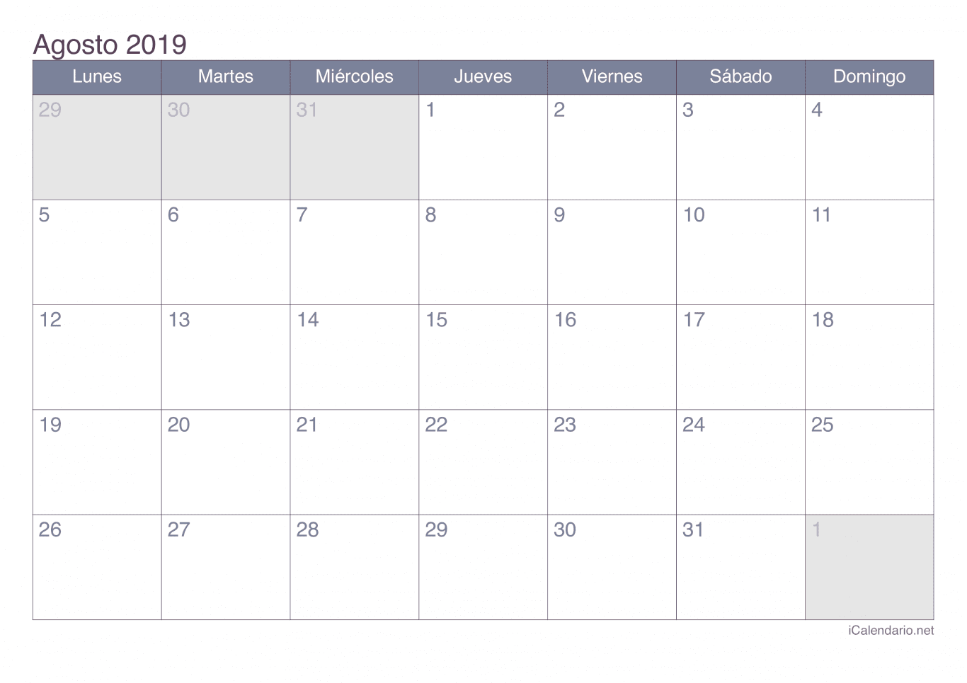 Calendario de agosto 2019 - Office