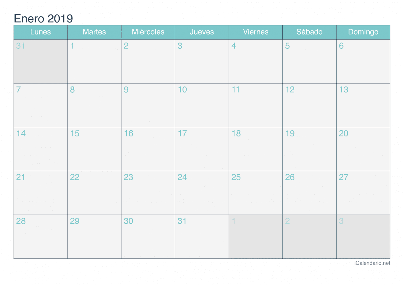 Calendario de enero 2019 - Turquesa