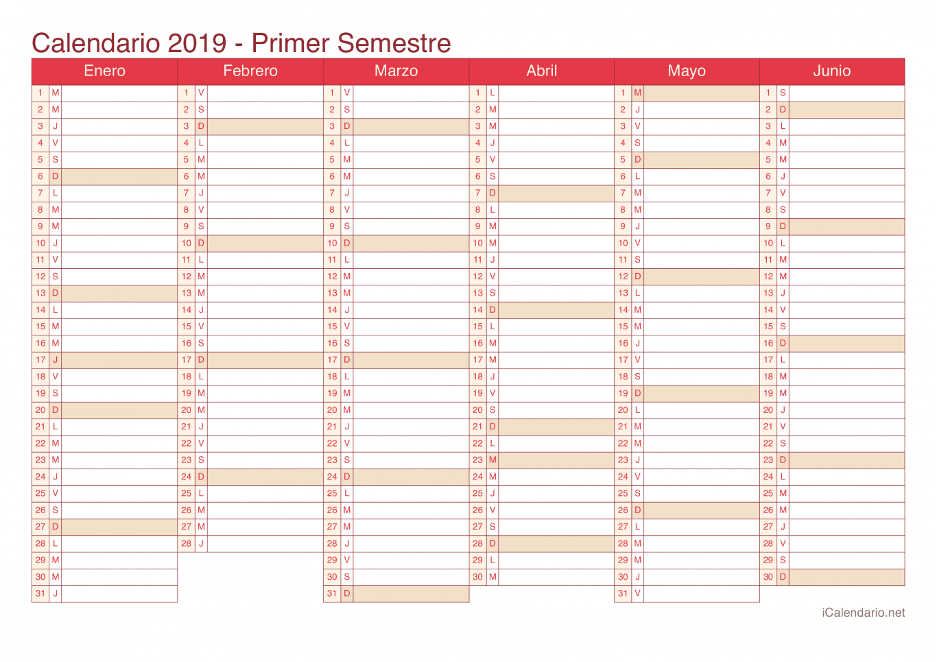 Calendario por semestre 2019 - Cherry