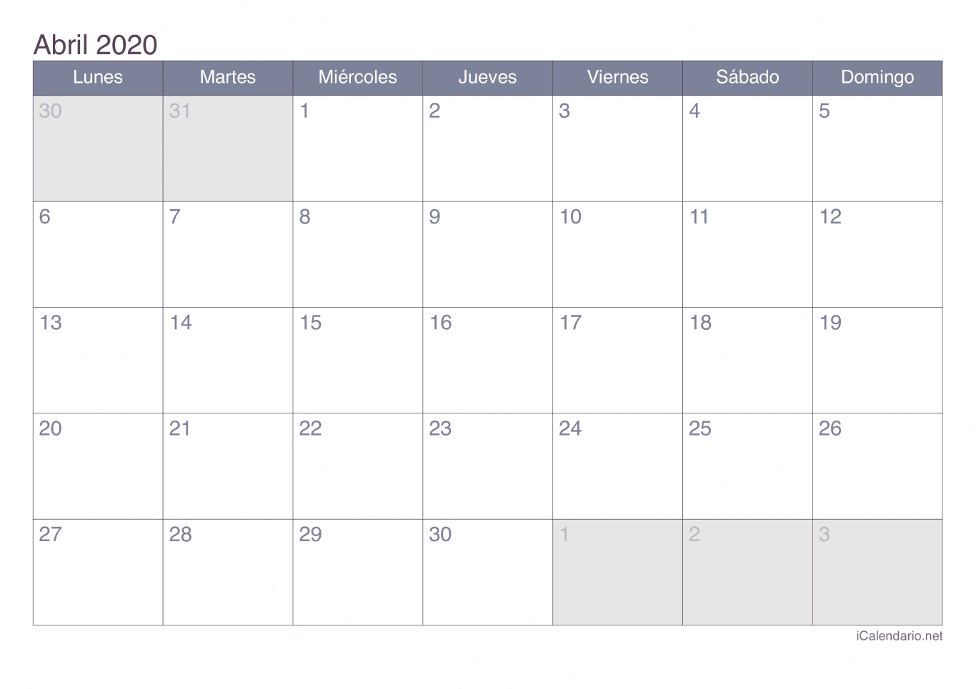 Calendario de abril 2020 - Office