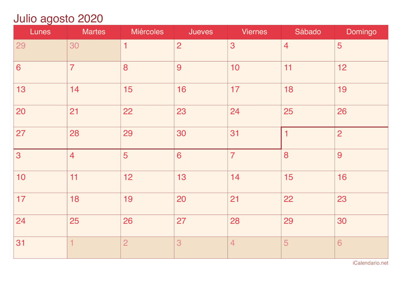 Calendario de julio agosto 2020 - Cherry
