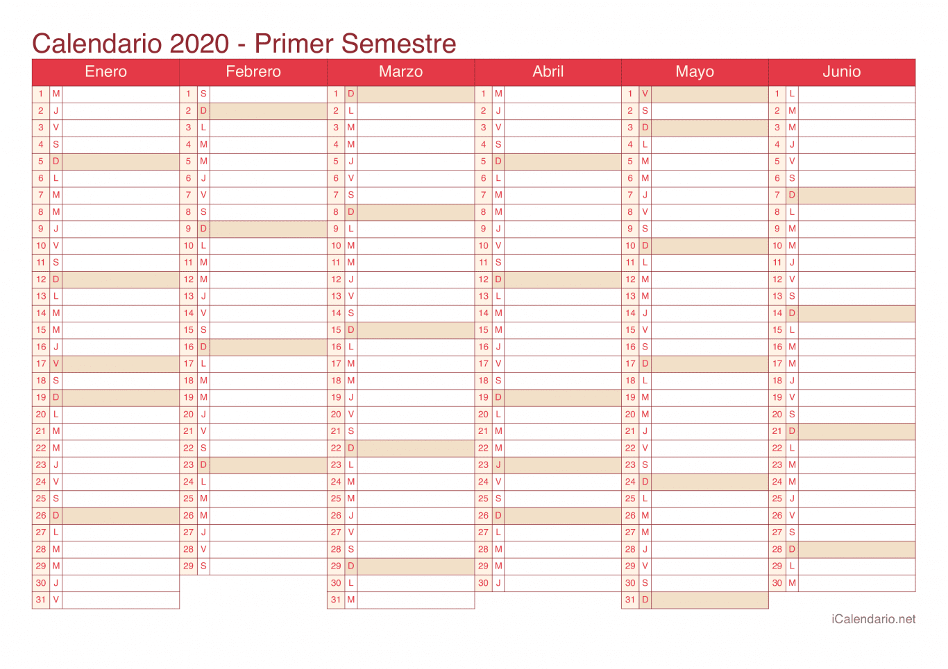 Calendario por semestre 2020 - Cherry