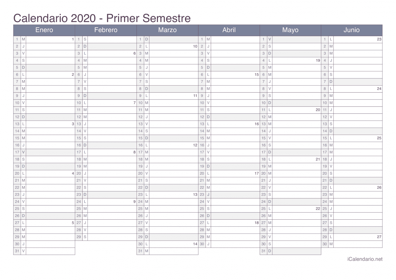 Calendario por semestre com números da semana 2020 - Office