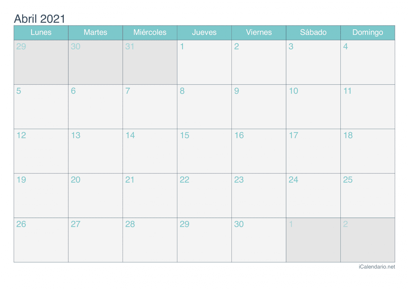 Calendario de abril 2021 - Turquesa