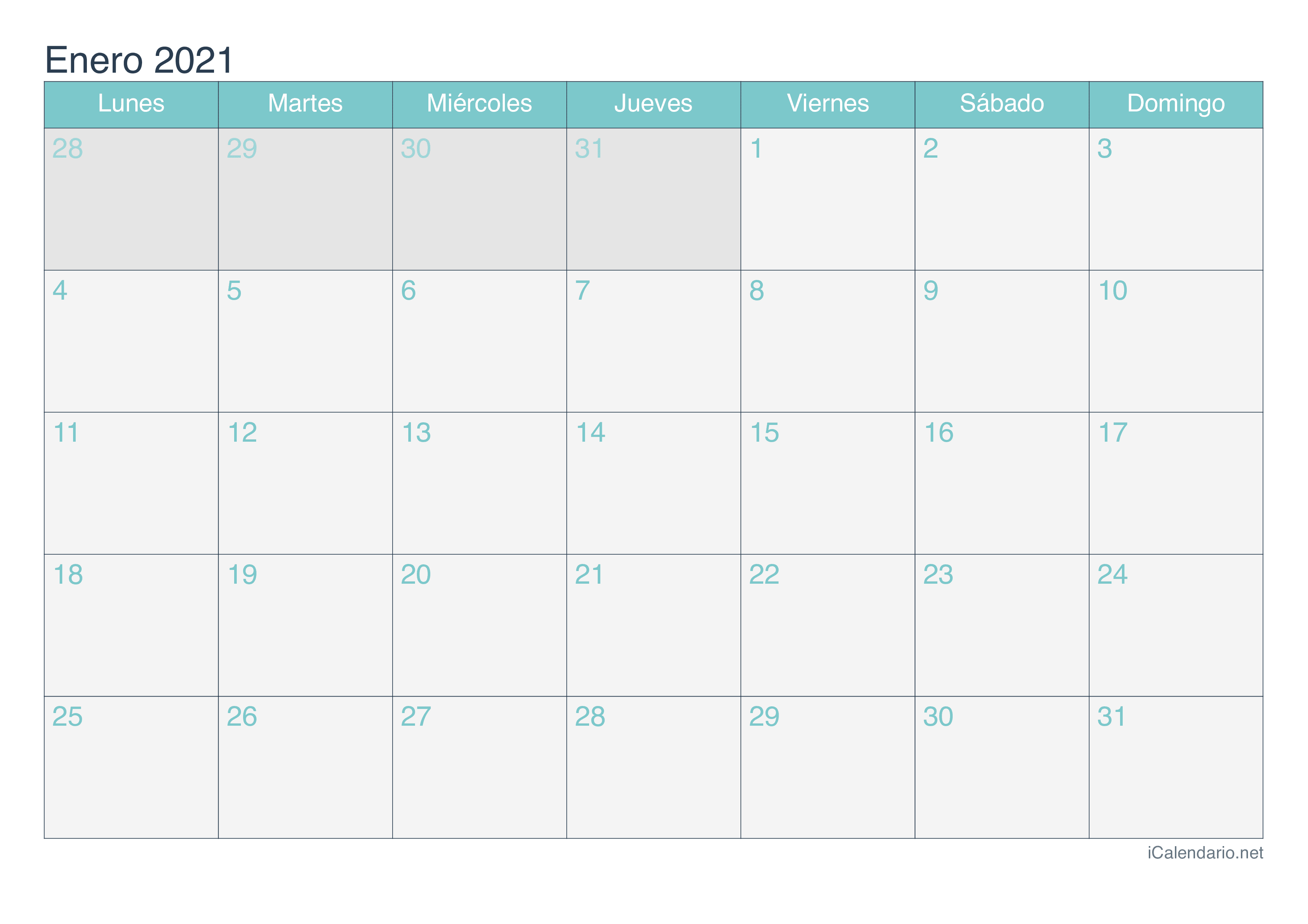 Calendario por mes 2021 - Turquesa