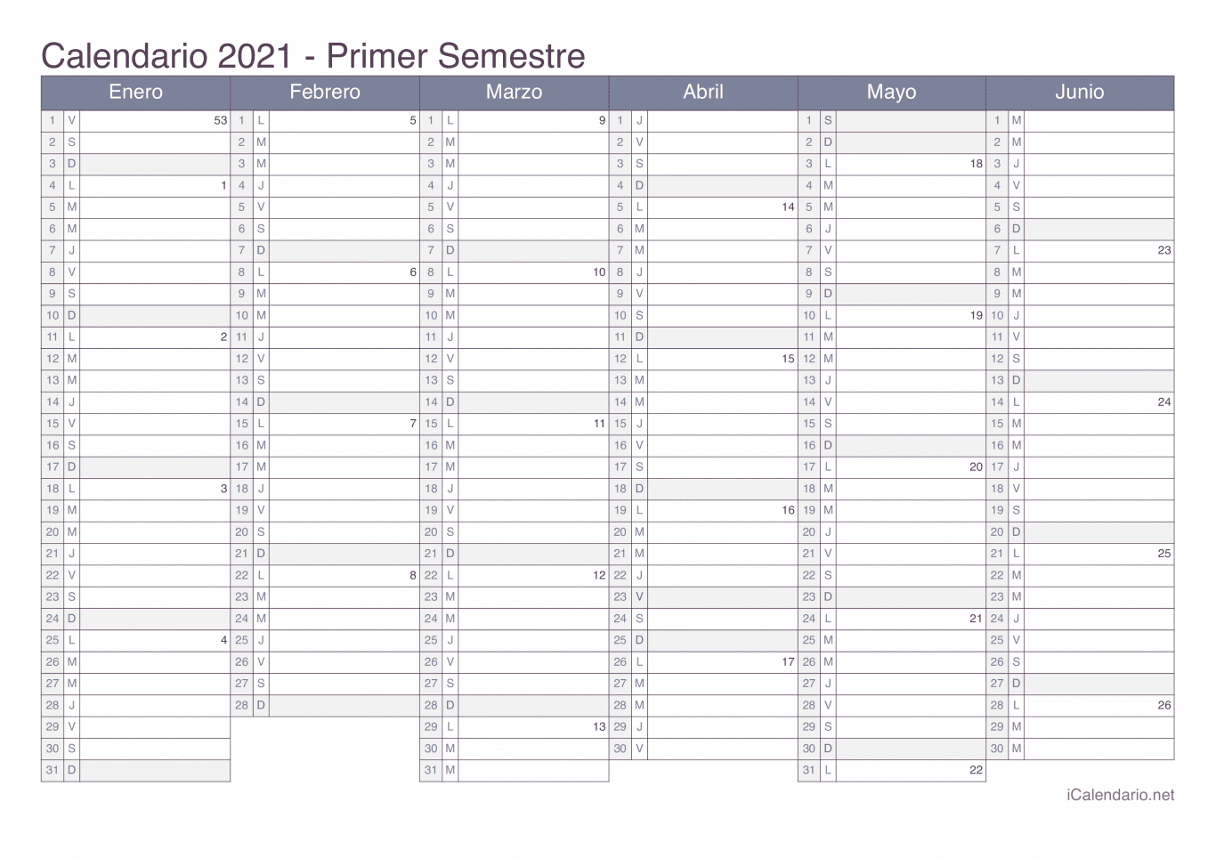 Calendario por semestre com números da semana 2021 - Office