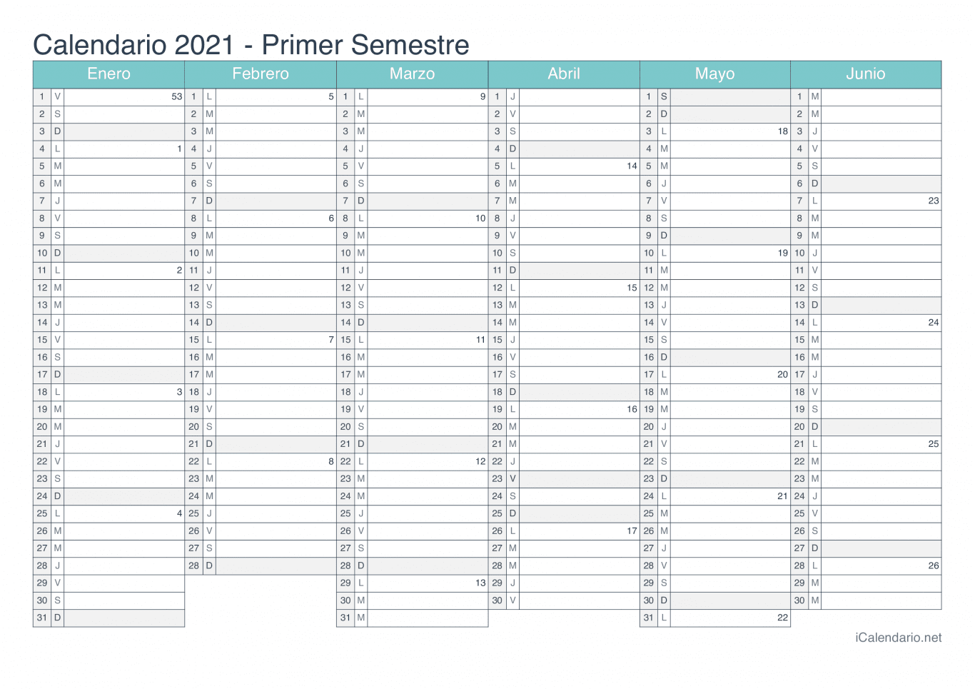 Calendario por semestre com números da semana 2021 - Turquesa