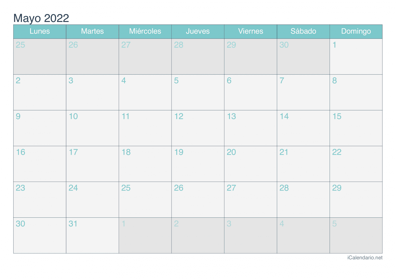 Calendario de mayo 2022 - Turquesa
