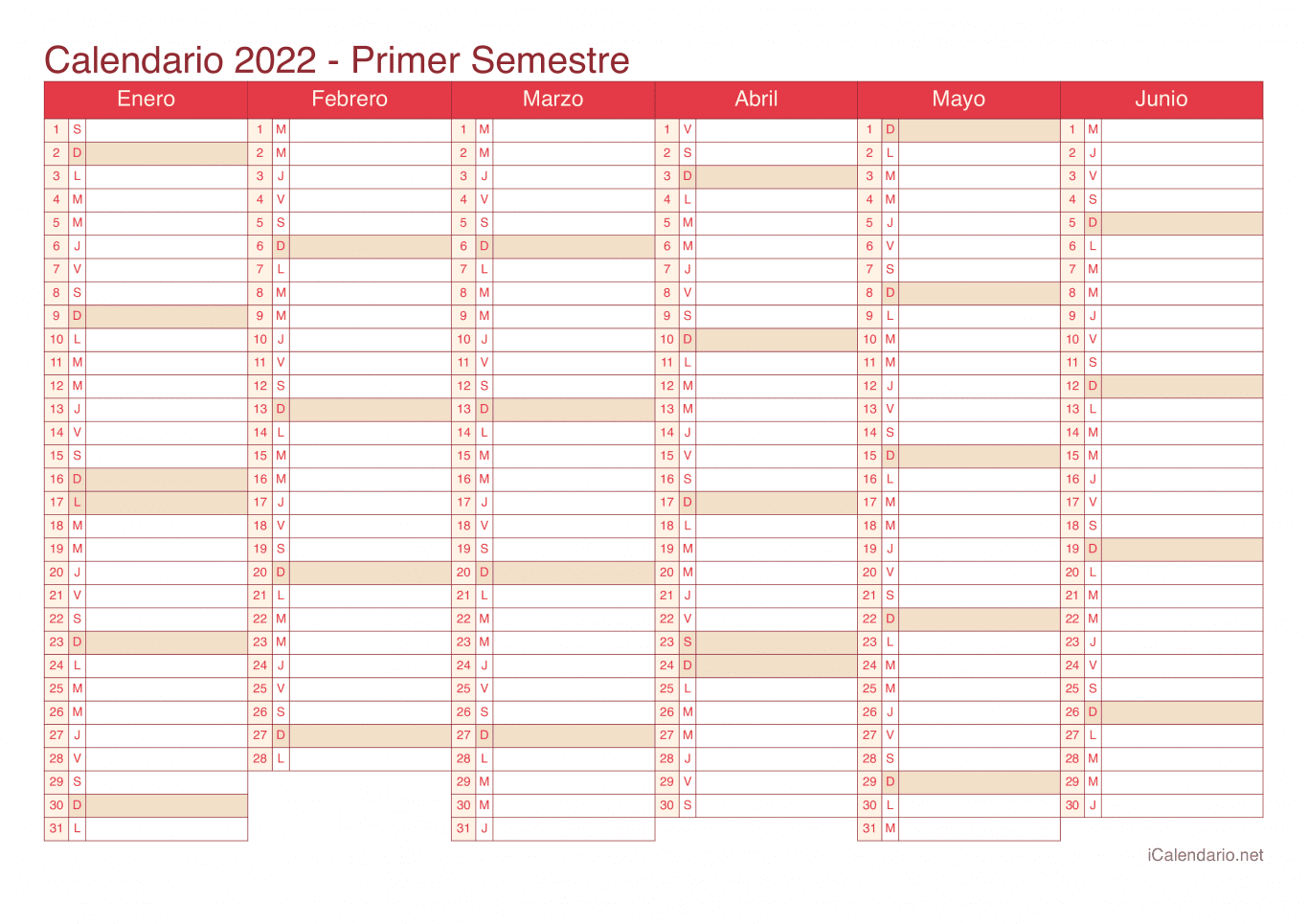 Calendario por semestre 2022 - Cherry