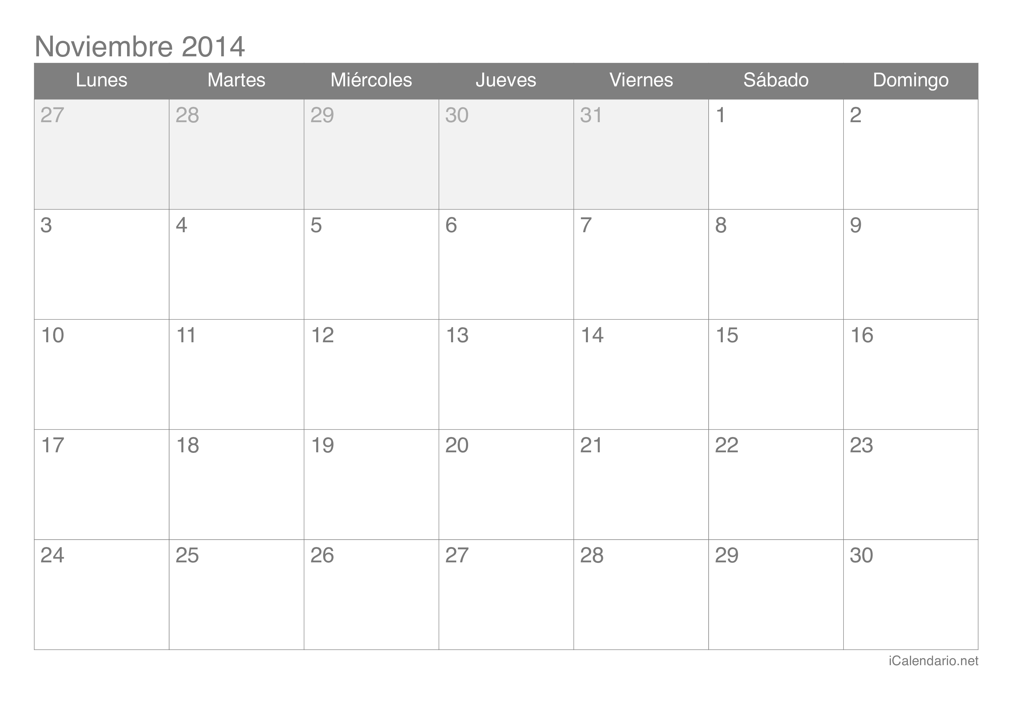 Calendario Noviembre 2014 en Excel, Calendario 2014 para 