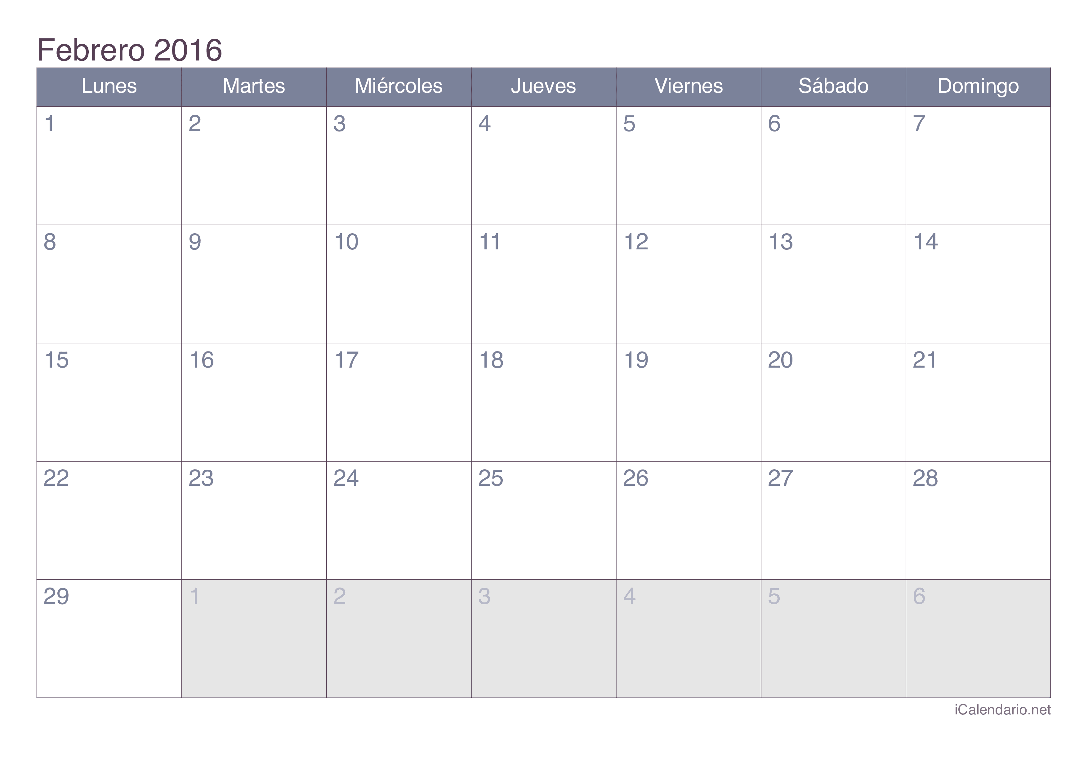 Calendario Febrero 2016 Para Imprimir