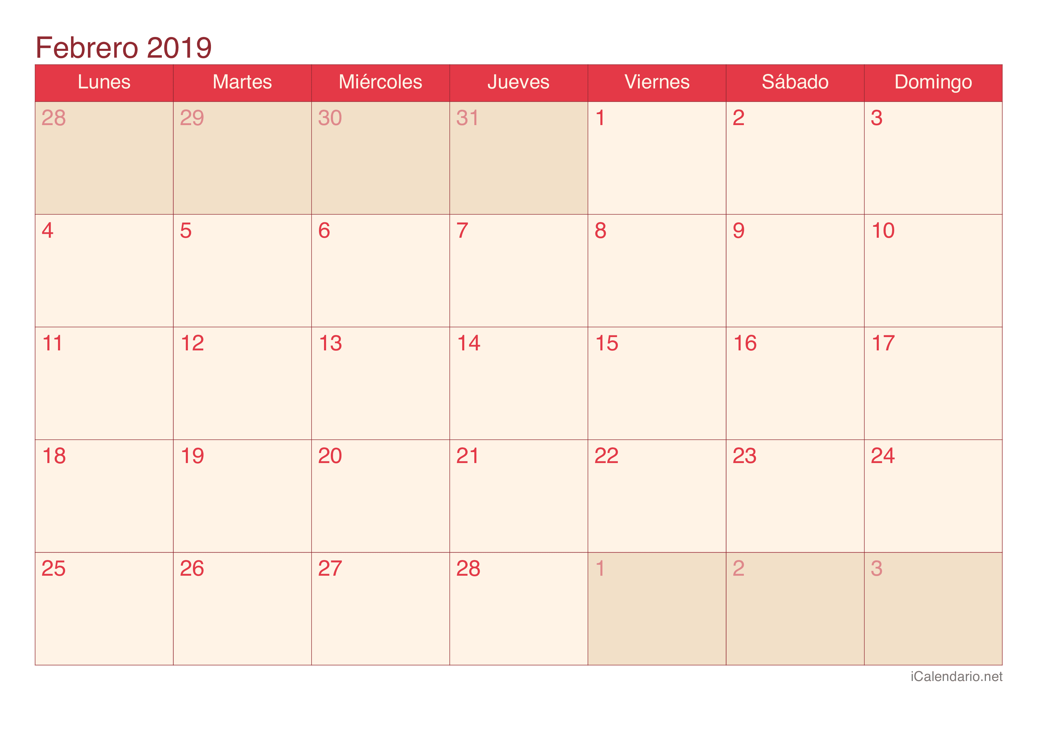 Calendario Febrero 2019 Para Imprimir