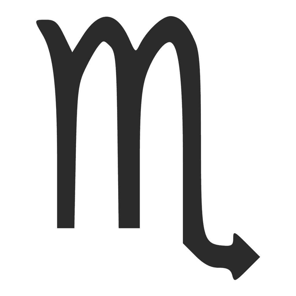 El signo de Escorpio está compuesto por la letra “m”, como el símbolo de Virgo, pero su última pierna termina en el aguijón venenoso del animal.