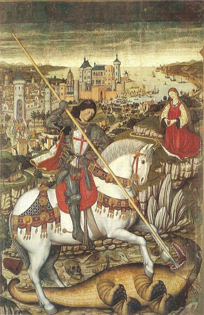 Retablo de San Jorge, obra de Pere Niçard. Museo Diocesano de Mallorca. En primer plano, San Jorge matando al dragón; en segundo plano, la princesa; y al fondo, la ciudad de Mallorca y la bahía.