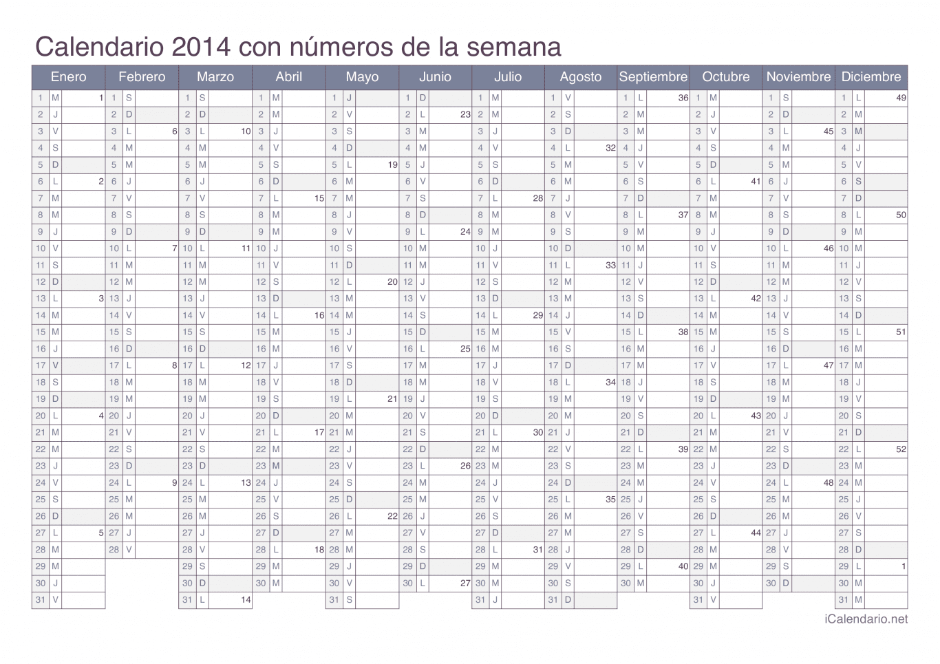 Calendario 2014 con números de semana - Office