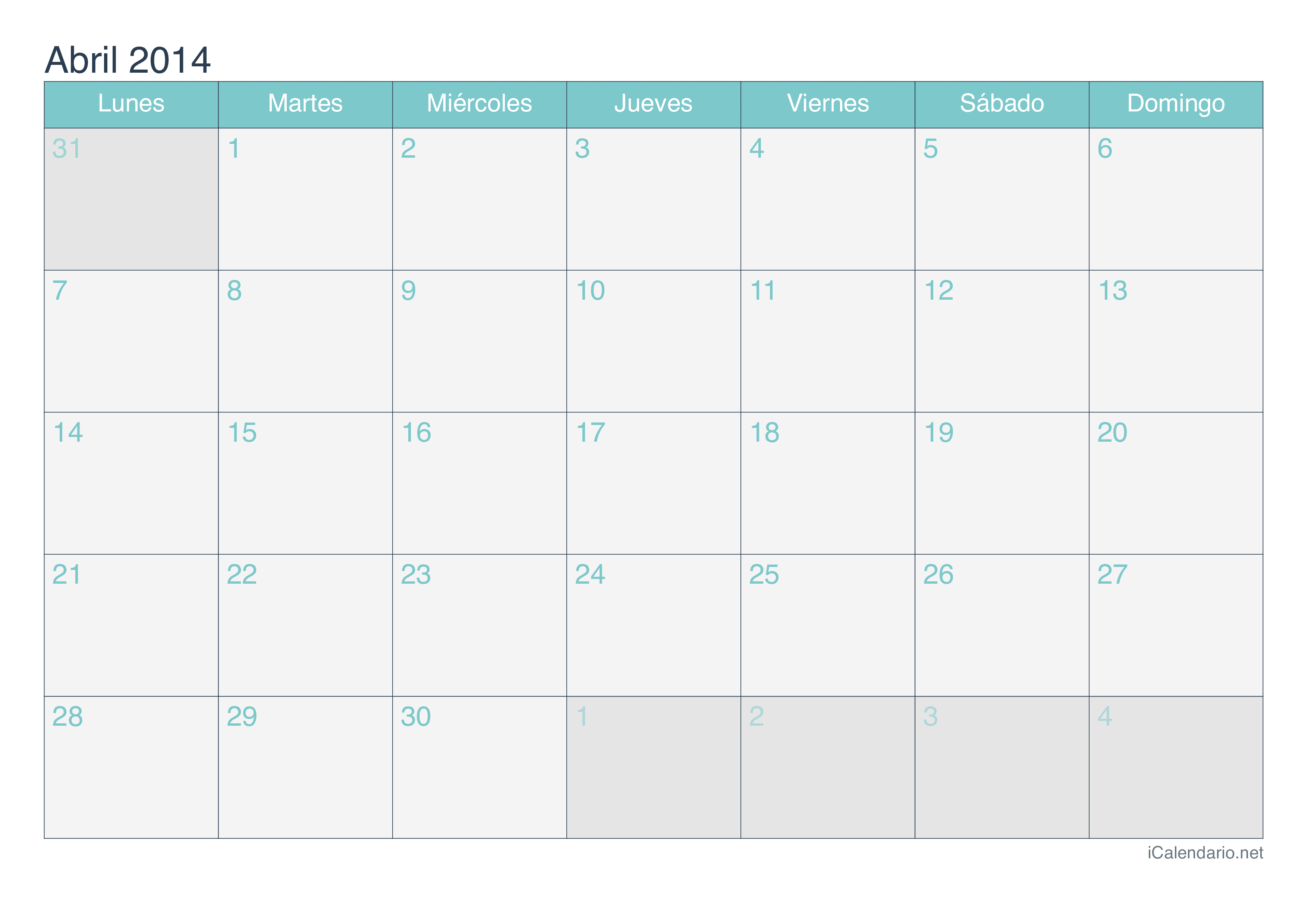 Calendario de abril 2014 - Turquesa