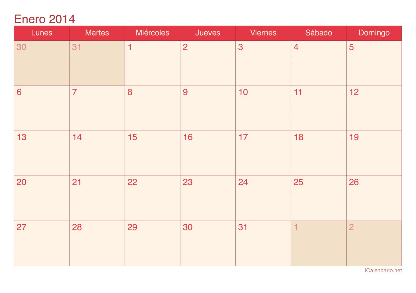 Calendario por mes 2014 - Cherry