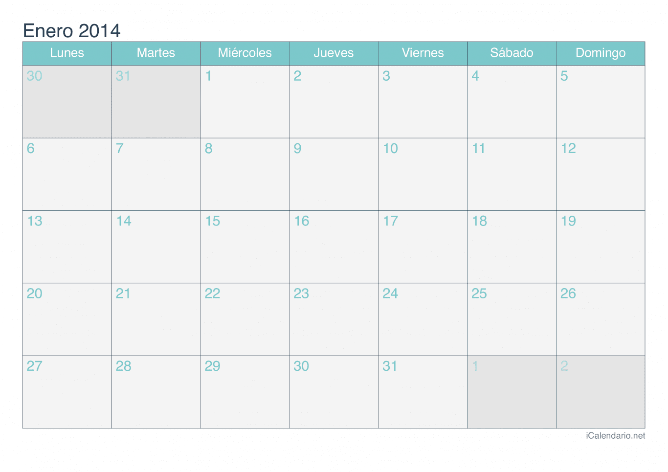 Calendario por mes 2014 - Turquesa