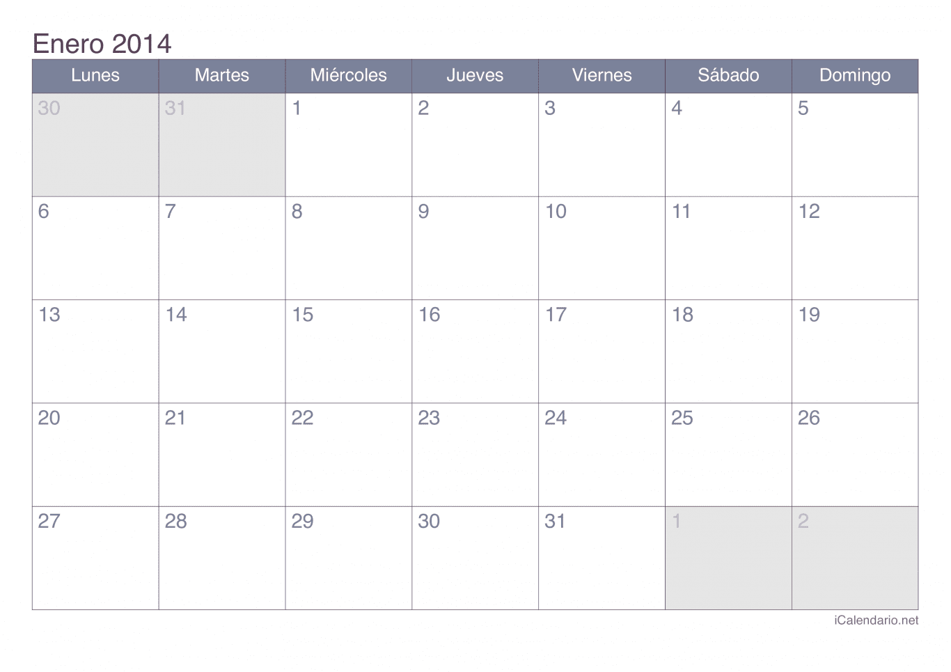 Calendario de enero 2014 - Office