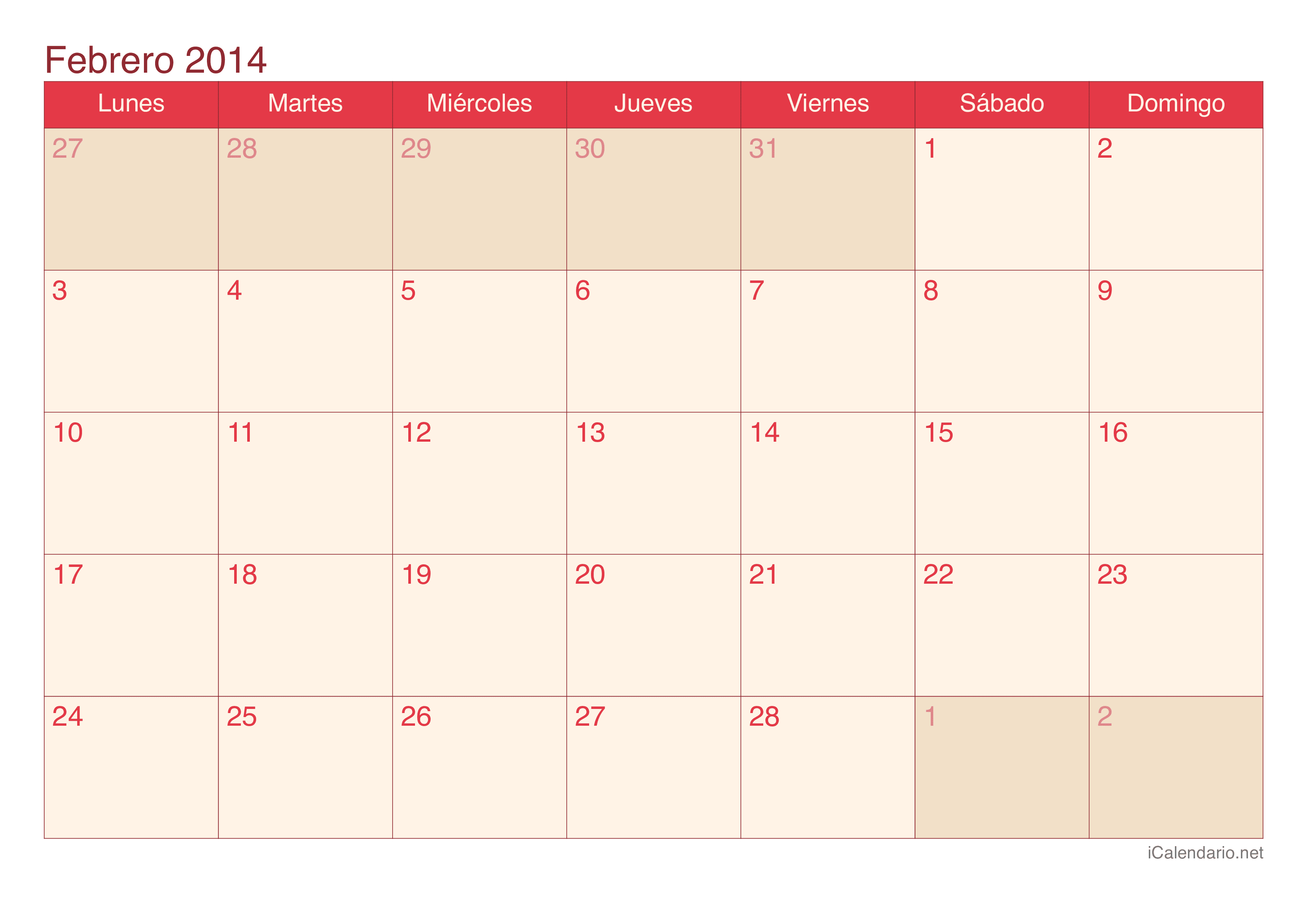 Calendario de febrero 2014 - Cherry