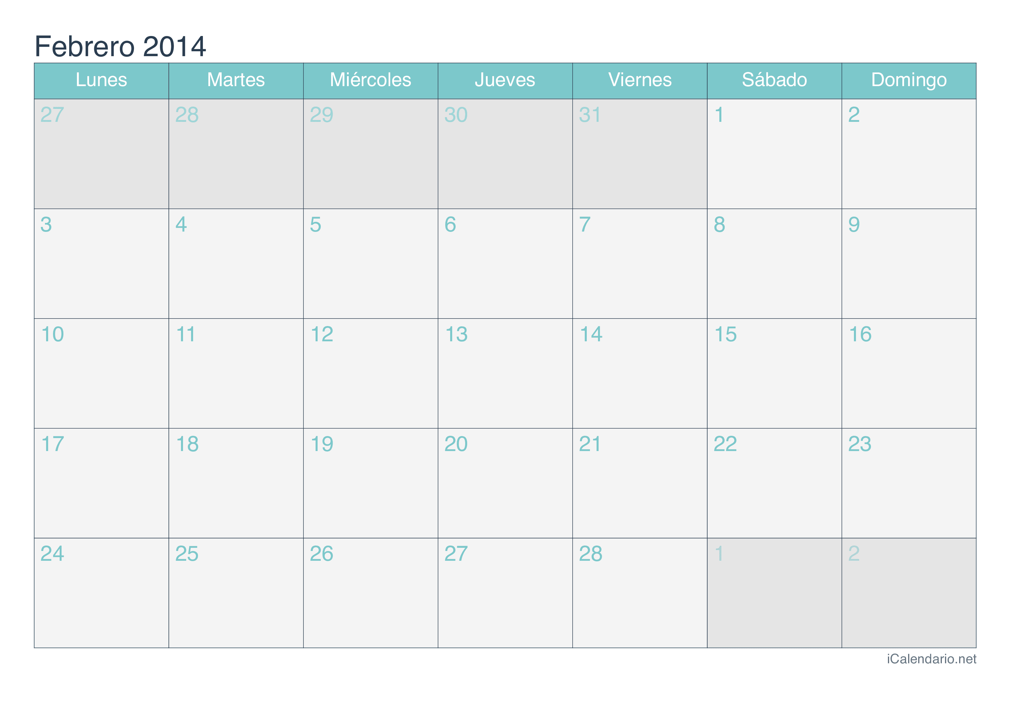 Calendario de febrero 2014 - Turquesa