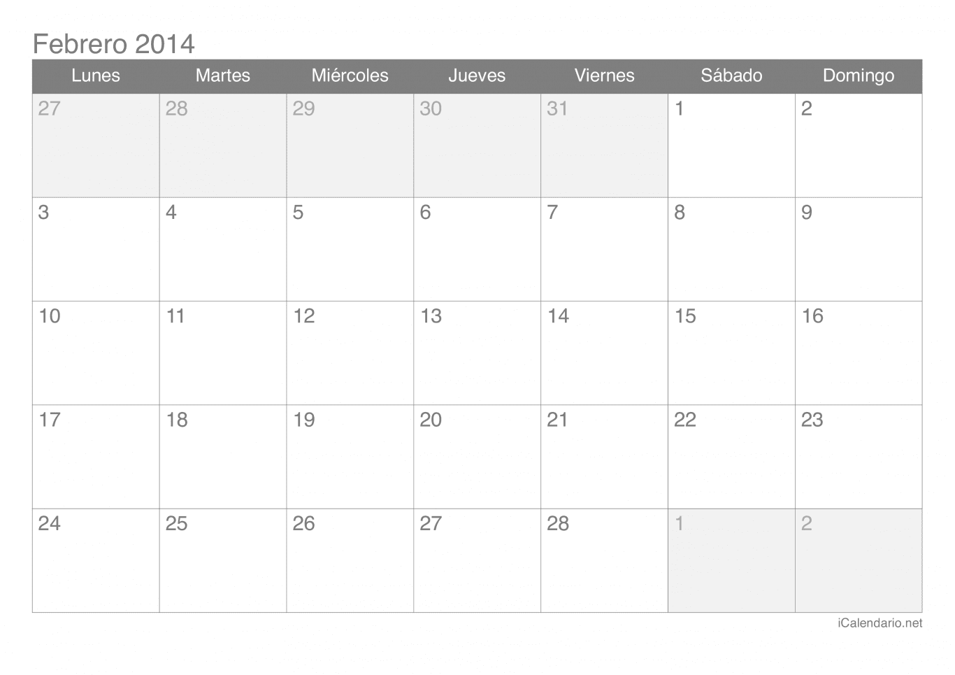 Calendario de febrero 2014