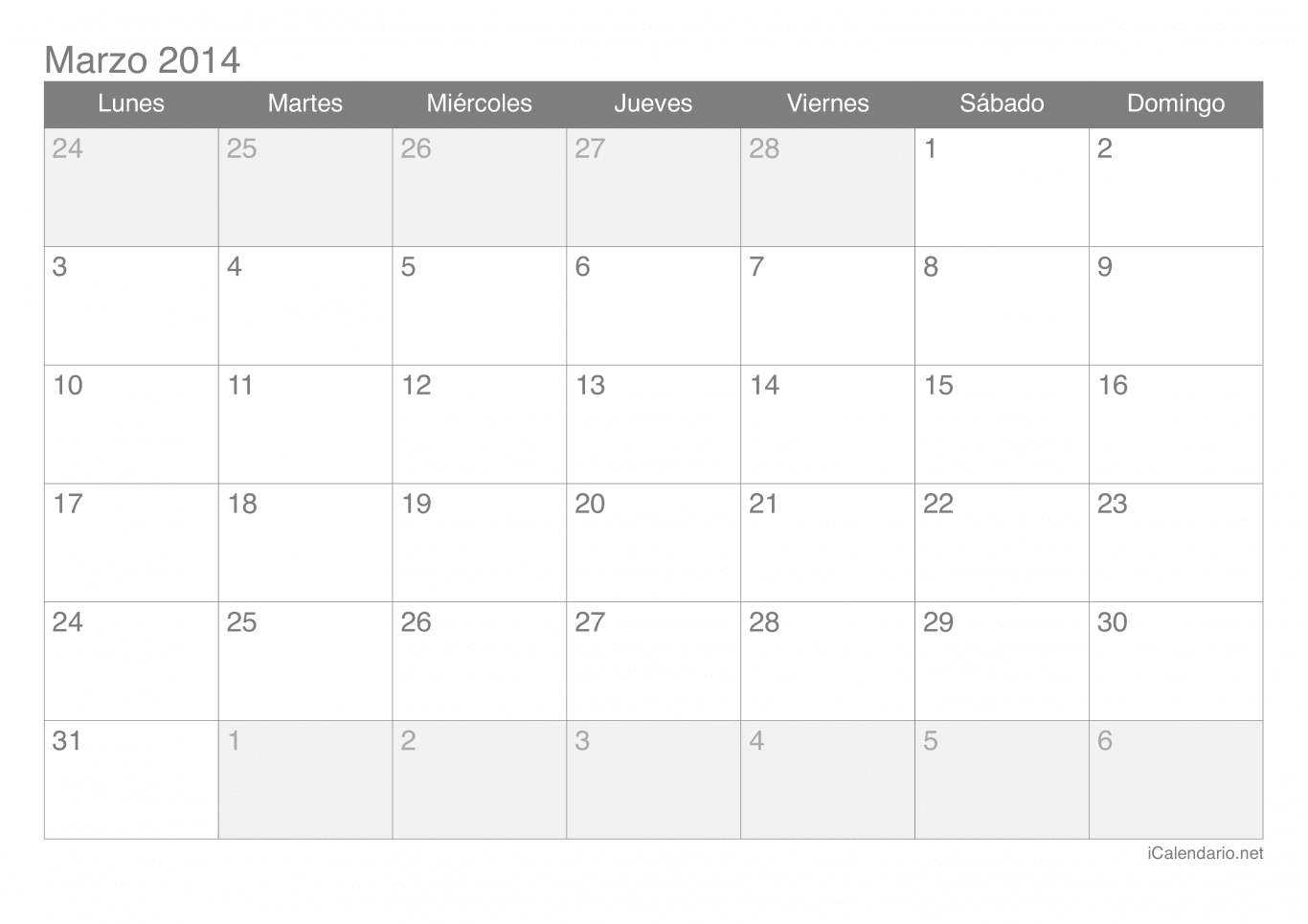 Calendario de marzo 2014