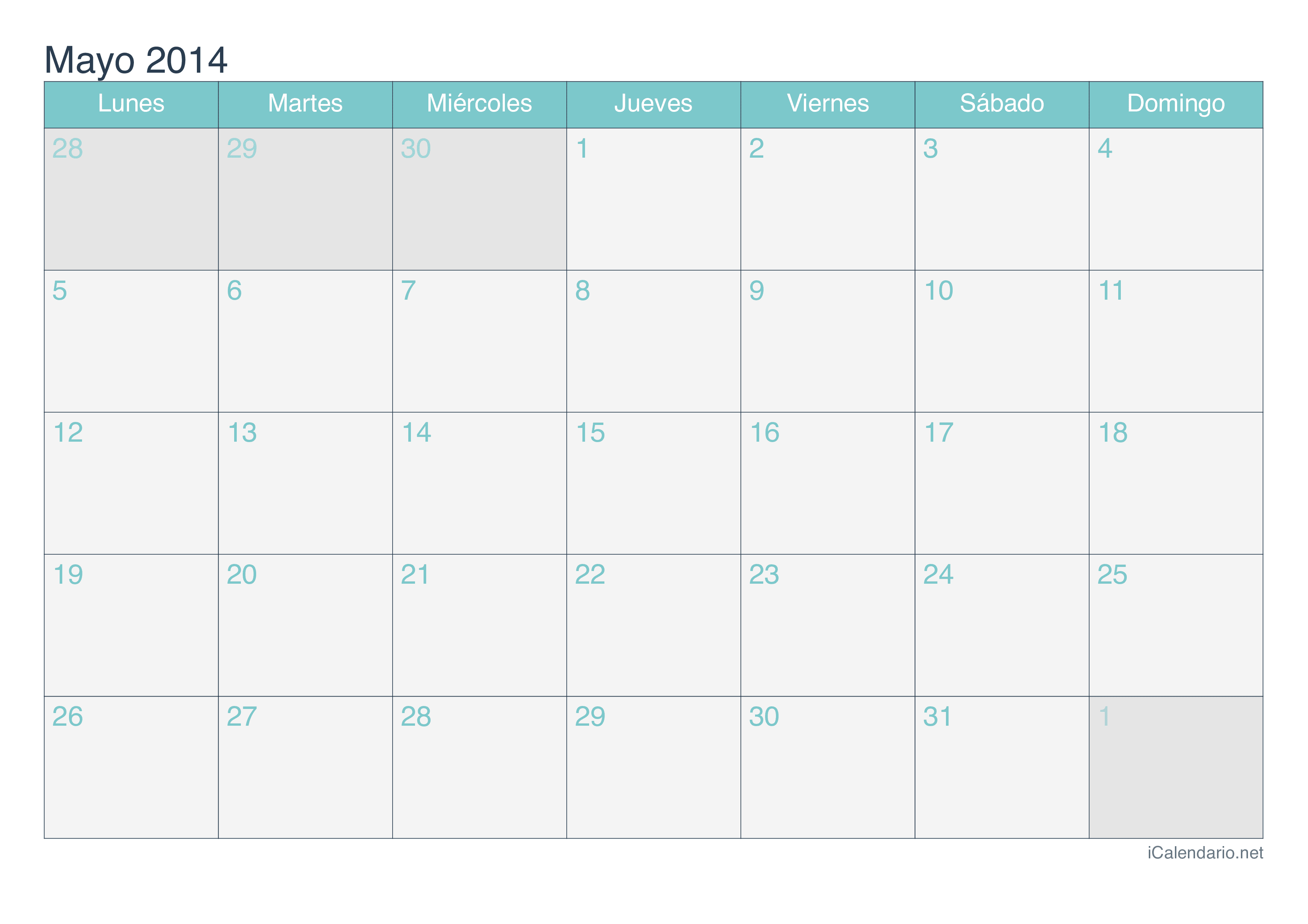 Calendario de mayo 2014 - Turquesa