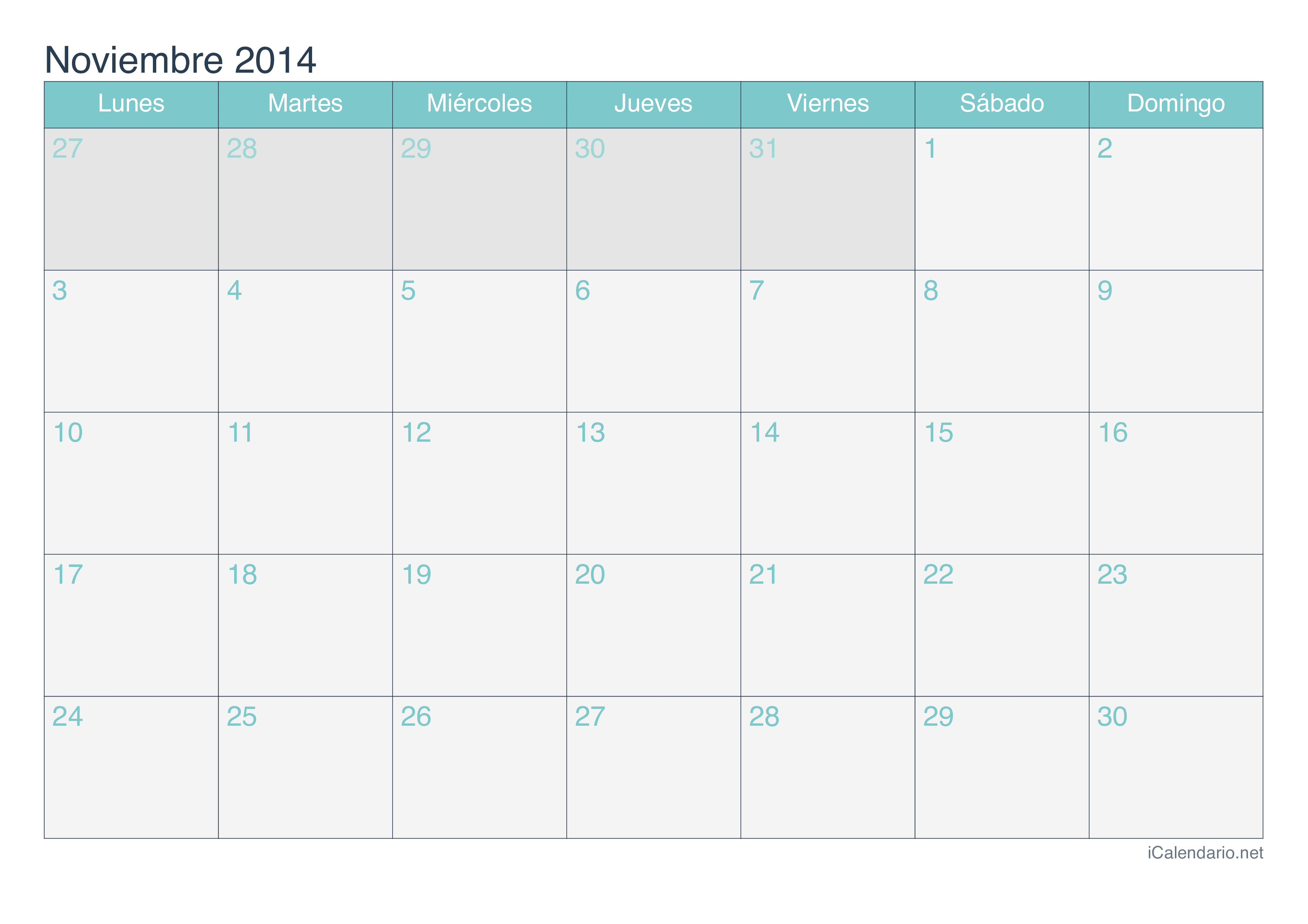 Calendario de noviembre 2014 - Turquesa