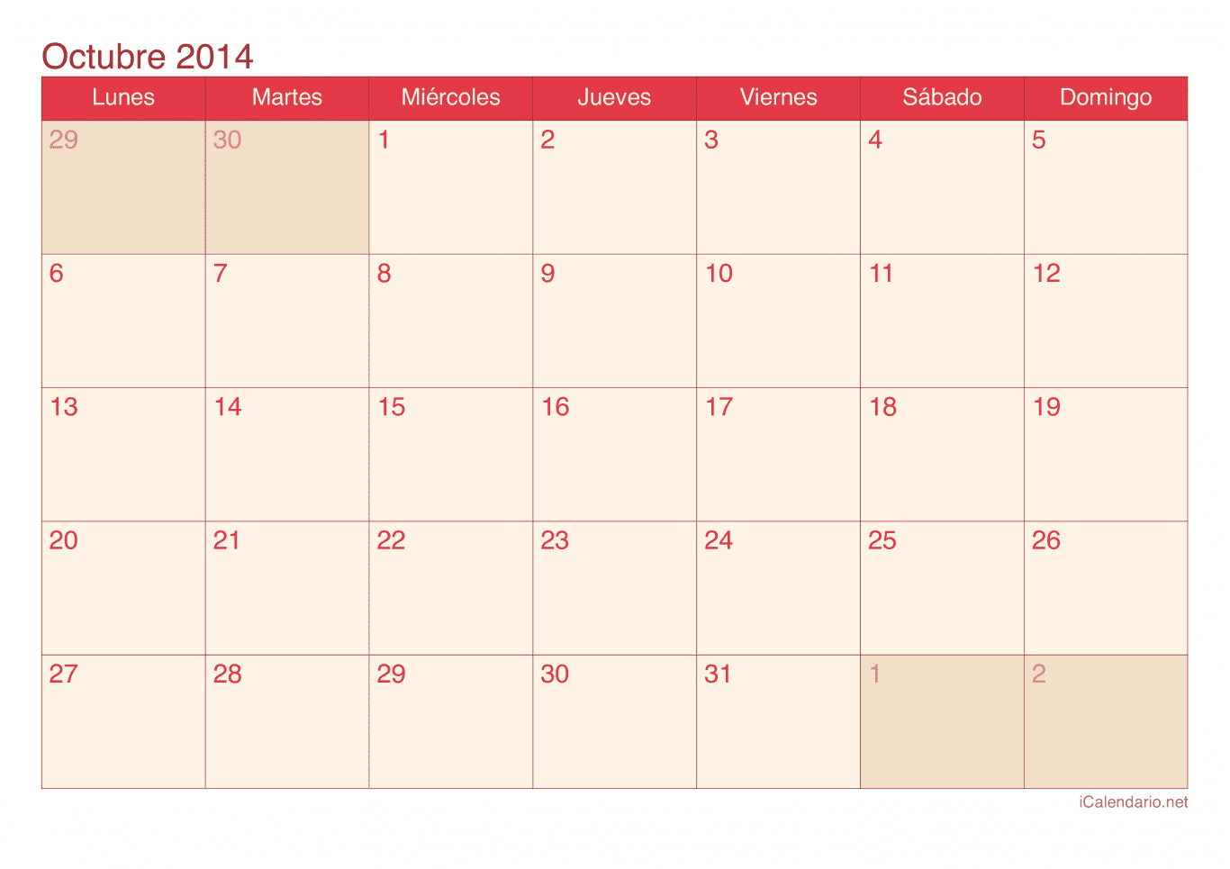 Calendario de octubre 2014 - Cherry