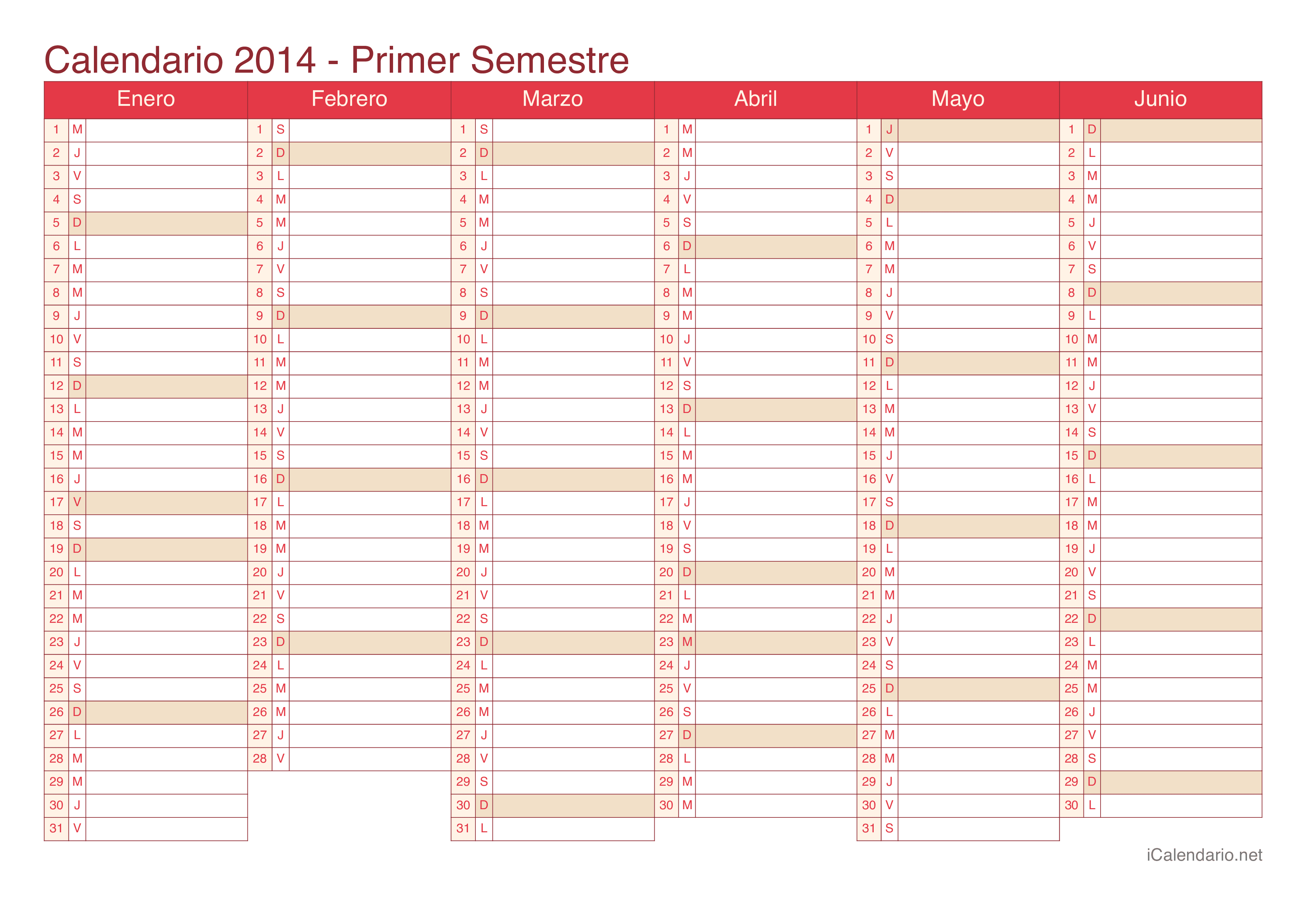 Calendario por semestre 2014 - Cherry