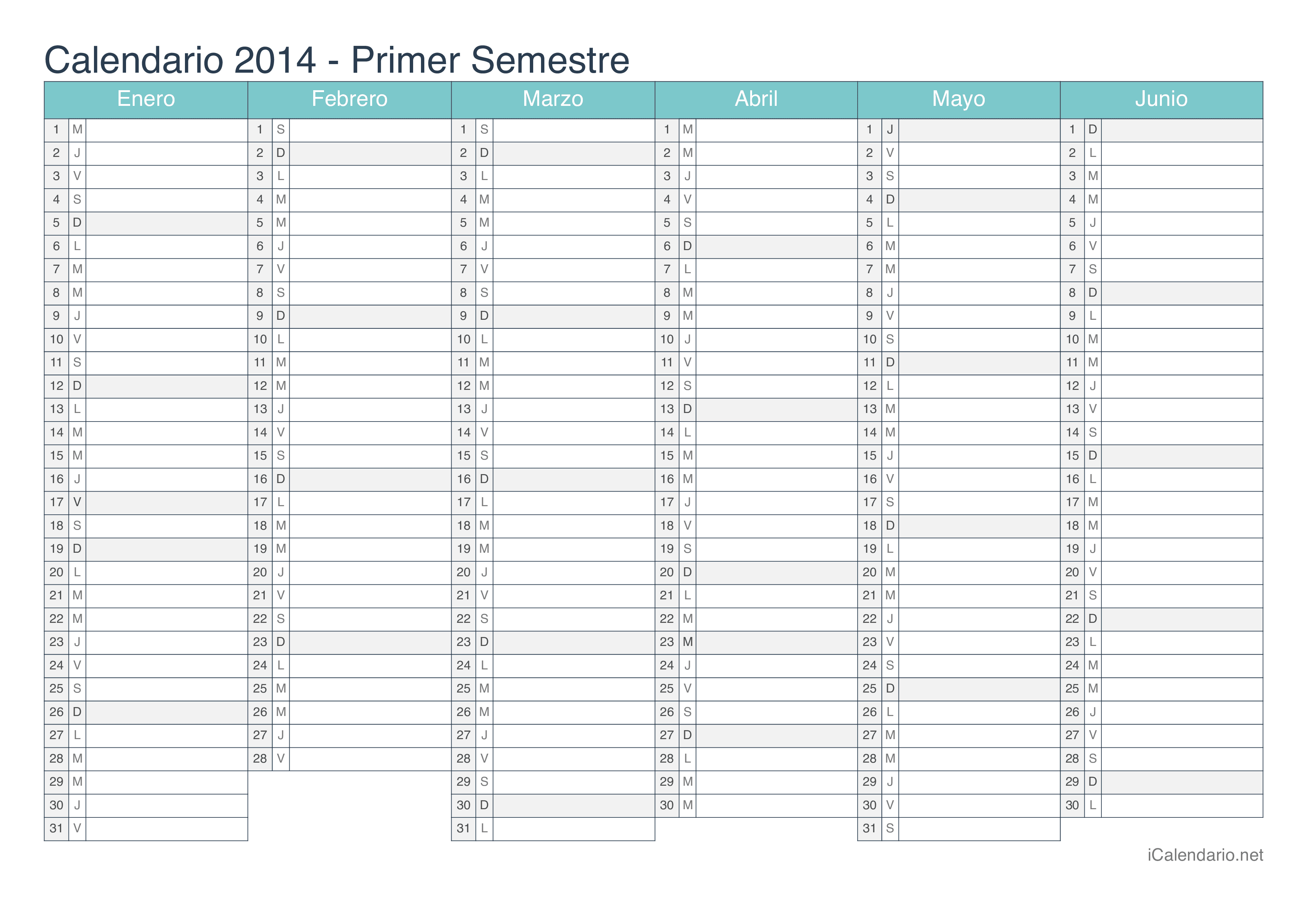 Calendario por semestre 2014 - Turquesa