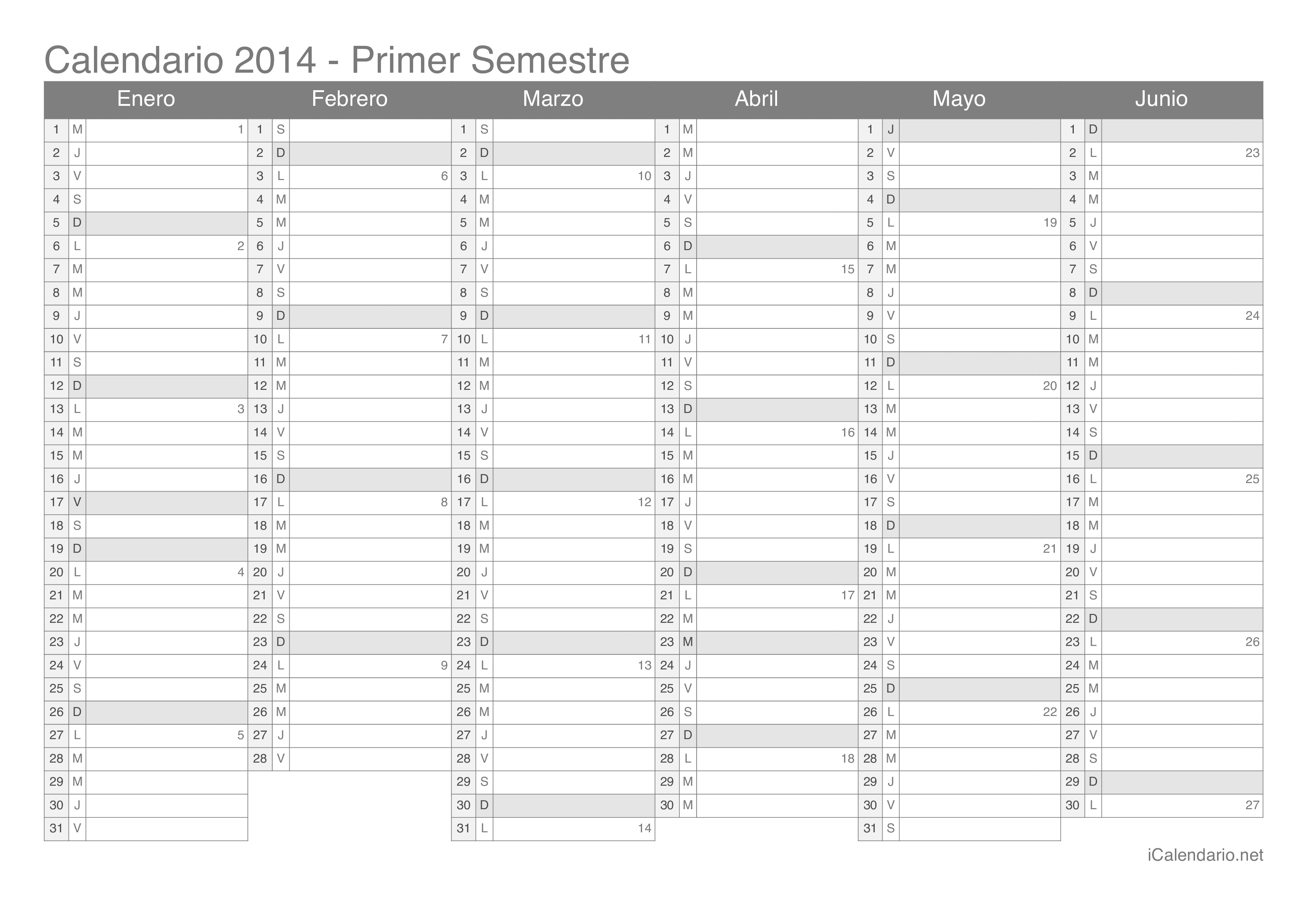 Calendario por semestre com números da semana 2014