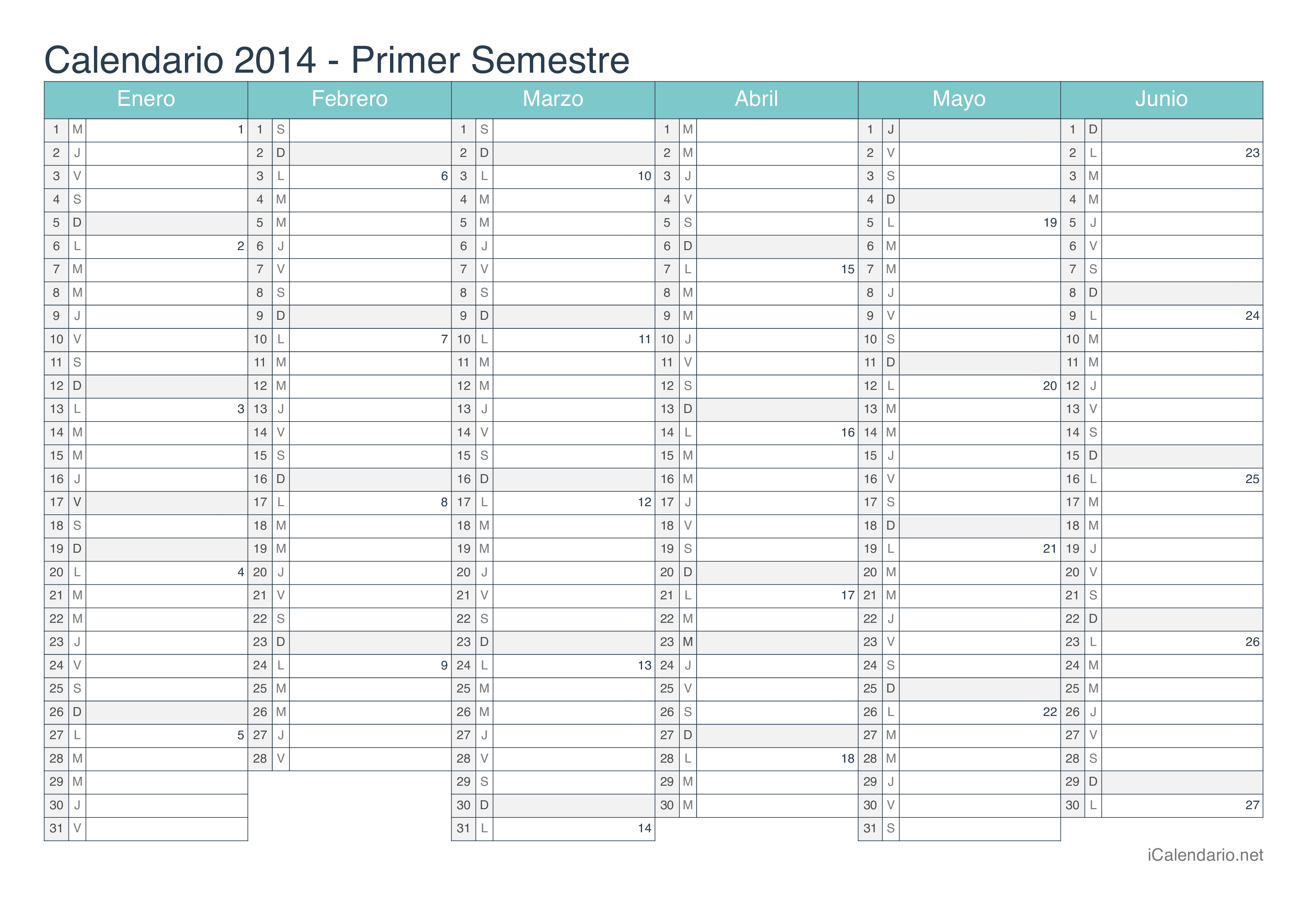 Calendario por semestre com números da semana 2014 - Turquesa